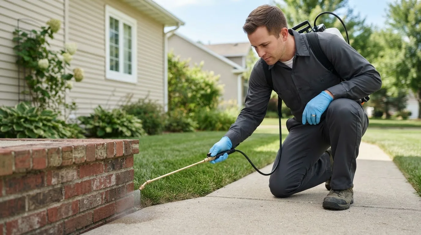 Pest control technician treating a home near Great Bend, KS